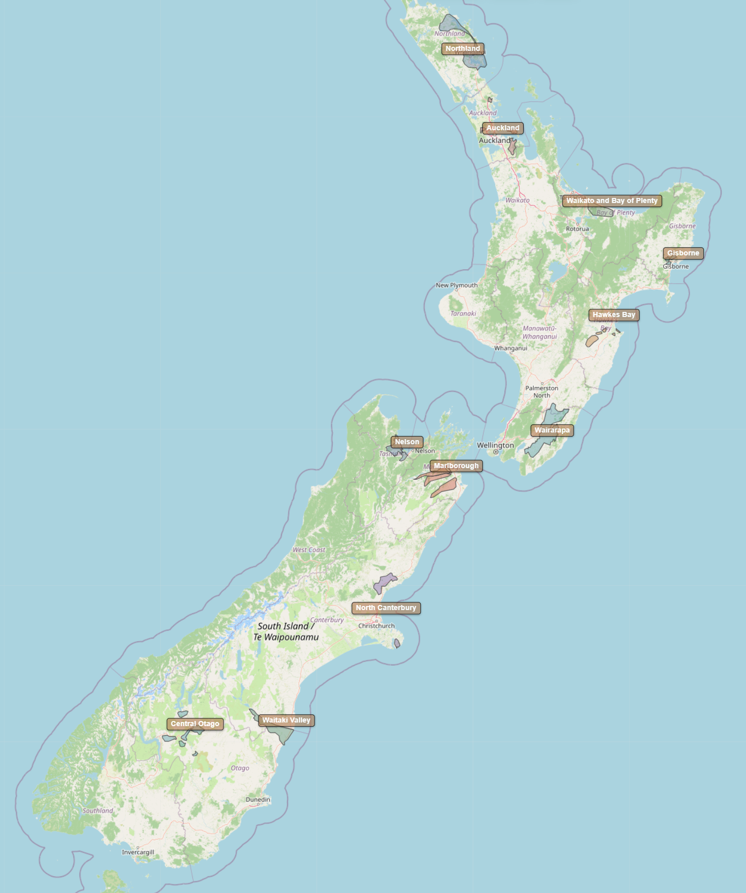 Kort over New Zealand